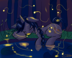 Size: 1280x1024 | Tagged: safe, artist:digitaldomain123, oc, oc only, oc:alyckblur, pony, unicorn, digital art, female, forest, mare, night, sleeping, solo, water