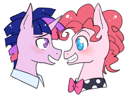 Size: 530x402 | Tagged: safe, artist:re_ghotion, pinkie pie, twilight sparkle, g4, blushing, bowtie, bubble berry, dusk shine, gay, male, rule 63, ship:bubbleshine, ship:twinkie, shipping