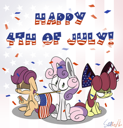 Size: 1500x1554 | Tagged: safe, artist:slitherpon, apple bloom, scootaloo, sweetie belle, moody mark crusaders, g4, 4th of july, american independence day, cutie mark crusaders, hot dog, independence day