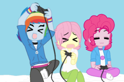 Size: 688x458 | Tagged: safe, artist:imtailsthefoxfan, fluttershy, pinkie pie, rainbow dash, equestria girls, g4, :3, ><, bubble berry, butterscotch, equestria guys, eyes closed, happy, lucky star, male, playstation, rainbow blitz, rule 63, video game