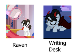 Size: 1000x700 | Tagged: safe, edit, edited screencap, screencap, raven, writing desk, earth pony, pony, unicorn, g4, devil horns, glasses, levitation, magic, naming, pun, telekinesis