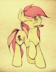 Size: 967x1244 | Tagged: safe, artist:agletka, roseluck, g4, female, mouth hold, pixiv, rose, solo, traditional art
