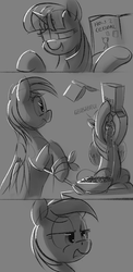 Size: 1024x2094 | Tagged: safe, artist:dimfann, derpy hooves, twilight sparkle, alicorn, pony, g4, book, cereal, comic, eating, female, grayscale, mare, monochrome, twilight sparkle (alicorn)