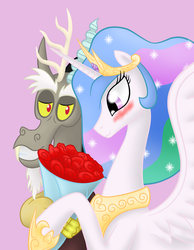 Size: 777x1000 | Tagged: safe, artist:8aerondight8, discord, princess celestia, g4, blushing, date, female, flower, male, ship:dislestia, shipping, straight