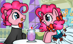 Size: 1800x1100 | Tagged: safe, artist:monnarcha, pinkie pie, g4, bubble berry, clothes, cocktail, date, dating, donut, dress, female, male, restaurant, rule 63, self ponidox, selfcest, ship:bubblepie, shipping, straight, suit