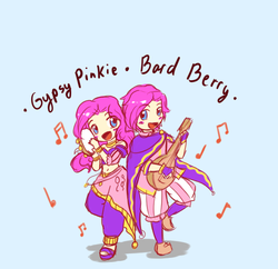 Size: 648x627 | Tagged: safe, artist:tomato-al, pinkie pie, human, gypsy bard, g4, bubble berry, clothes, gypsy pie, happy, humanized, lute, music, musical instrument, ragnarok online, rule 63, self ponidox, ship:bubblepie, tambourine
