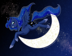 Size: 1013x787 | Tagged: safe, artist:syo-senpai, princess luna, g4, beautiful, crescent moon, female, flying, grin, happy, hey diddle diddle, moon, night, solo, stars, sweet dreams fuel, transparent moon