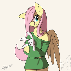 Size: 2000x2000 | Tagged: safe, artist:silverfox057, fluttershy, anthro, g4, female, hair over one eye, high res, plushie, signature, simple background, solo, white background