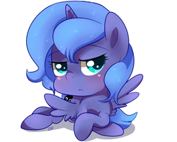 Size: 1000x800 | Tagged: safe, artist:sion-ara, princess luna, g4, blushing, female, filly, looking at you, prone, solo, woona