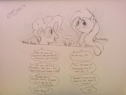 Size: 1280x960 | Tagged: safe, artist:celine-artnsfw, angel bunny, fluttershy, pinkie pie, g4, blushing, bubble berry, female, half r63 shipping, male, monochrome, rule 63, ship:bubbleshy, shipping, straight, traditional art, unamused