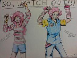 Size: 480x360 | Tagged: safe, artist:ookamiwarrior1234, pinkie pie, human, g4, bubble berry, clothes, evil enchantress, female, humanized, male, rule 63, scare, self ponidox, selfcest, ship:bubblepie, shipping, straight, traditional art
