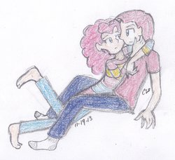 Size: 1024x933 | Tagged: safe, artist:drawing-stars-02, pinkie pie, human, g4, barefoot, bubble berry, bubblini davinci berry, clothes, embrace, feet, female, hug, humanized, imminent kissing, male, rule 63, self ponidox, selfcest, ship:bubblepie, shipping, straight, traditional art, upset