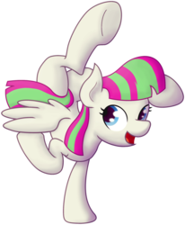 Size: 1829x2222 | Tagged: safe, artist:redenchilada, blossomforth, g4, active stretch, backbend, contortionist, female, flexible, open mouth, simple background, smiling, solo, underhoof