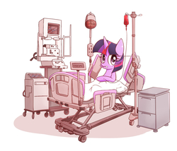 Size: 1400x1200 | Tagged: safe, artist:joycall6, twilight sparkle, pony, unicorn, g4, bed, blood, electrocardiogram, female, hospital, solo