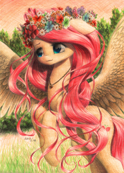 Size: 2022x2818 | Tagged: safe, artist:katputze, fluttershy, g4, colored pencil drawing, female, floppy ears, floral head wreath, high res, necklace, solo, traditional art, wreath