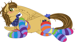 Size: 921x521 | Tagged: safe, artist:the-chibster, oc, oc only, oc:swift sketch, blushing, clothes, rainbow socks, socks, solo, striped socks