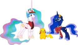 Size: 4000x2310 | Tagged: safe, artist:2snacks, artist:ragerer, princess celestia, princess luna, alicorn, pikachu, pony, two best sisters play, g4, clothes, crying, female, hat, mare, pokémon, raised hoof, simple background, transparent background, two best friends play, vector