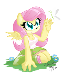 Size: 2100x2450 | Tagged: safe, artist:danmakuman, fluttershy, butterfly, anthro, plantigrade anthro, equestria girls, g4, breasts, cleavage, clothes, female, high res, simple background, skirt, solo, sonic the hedgehog (series), sonicified, style emulation, tank top, transparent background