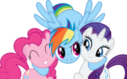 Size: 9645x6000 | Tagged: safe, artist:mactavish1996, pinkie pie, rainbow dash, rarity, dragonshy, g4, absurd resolution, happy, simple background, snuggling, transparent background, vector