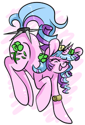 Size: 2308x3401 | Tagged: safe, artist:sk-ree, oc, oc only, oc:ivy lush, pony, unicorn, eyes closed, flower, flower in hair, happy, high res, jumping, leg strap, open mouth, smiling, solo, spikes, tail ring