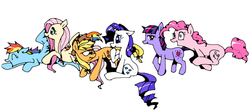 Size: 900x399 | Tagged: safe, artist:cuhenghdj, applejack, fluttershy, pinkie pie, rainbow dash, rarity, twilight sparkle, pony, unicorn, g4, applejack's hat, cowboy hat, eyes closed, female, hat, mane six, mare, open mouth, simple background, sitting, smiling, white background