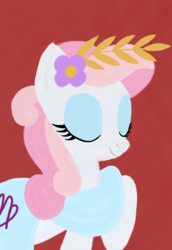 Size: 880x1280 | Tagged: safe, artist:chipmagnum, virgo (g4), earth pony, pony, g4, clothes, eyes closed, eyeshadow, female, makeup, mare, ponified, ponyscopes, red background, simple background, solo, virgo, zodiac