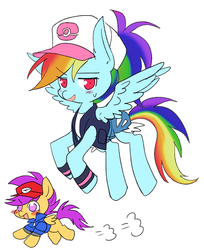 Size: 591x723 | Tagged: safe, artist:re_ghotion, rainbow dash, scootaloo, g4, blushing, cap, clothes, cosplay, duo, flying, hat, nate, pokémon, pokémon trainer, running, shorts, simple background, spread wings, sweat, touko