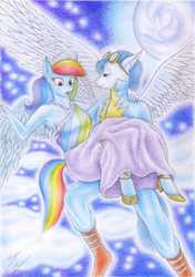 Size: 2462x3499 | Tagged: safe, artist:sinaherib, rainbow dash, soarin', anthro, g4, bridal carry, carrying, clothes, dress, duo, female, high res, male, rainbow dash always dresses in style, ship:soarindash, shipping, straight, traditional art, wonderbolts uniform
