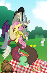 Size: 900x1391 | Tagged: safe, artist:coffeevulture, angel bunny, discord, fluttershy, g4, female, hug, male, picnic blanket, ship:discoshy, shipping, straight