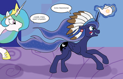 Size: 2550x1650 | Tagged: safe, artist:bico-kun, princess celestia, princess luna, alicorn, pony, g4, 4th of july, american independence day, boston tea party, captain america, chase, galloping, headdress, independence day, magic, native american, tea, tea party, war paint