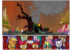 Size: 616x432 | Tagged: safe, edit, idw, apple bloom, applejack, babs seed, fluttershy, rarity, g4, twilight's kingdom, spoiler:comic, applejack is not amused, audience reaction, comic, destruction, exploitable, golden oaks library, rest in peace, template, the ride never ends