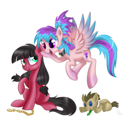 Size: 894x894 | Tagged: safe, artist:swanlullaby, doctor whooves, time turner, oc, oc:macdolia, oc:shiny dawn, earth pony, pegasus, pony, choker, cute, digital art, duo, flying, open mouth, pigtails, plushie, pocket watch, raised hoof, sisters, sitting, smiling, spread wings, whisper