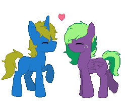Size: 300x240 | Tagged: safe, artist:twizz, oc, oc only, pegasus, pony, unicorn, animated, blank flank, female, freckles, heart, male, shipping, straight