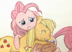 Size: 1024x736 | Tagged: safe, artist:thefriendlyelephant, applejack, pinkie pie, g4, cowboy hat, crying, duo, emotional, frown, hat, hug, sad, traditional art