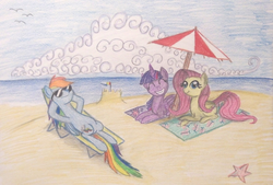 Size: 1024x692 | Tagged: safe, artist:thefriendlyelephant, fluttershy, rainbow dash, twilight sparkle, alicorn, pony, starfish, g4, beach, beach chair, beach towel, beach umbrella, chair, cloud, cloudy, female, mare, ocean, on back, prone, relaxing, sandcastle, smiling, sunglasses, traditional art, trio, twilight sparkle (alicorn)