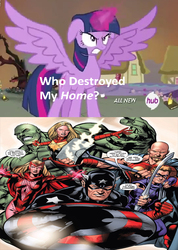 Size: 427x600 | Tagged: safe, twilight sparkle, alicorn, pony, g4, my little pony: friendship is magic, twilight's kingdom, captain marvel (marvel), dark avengers, exploitable meme, female, golden oaks library, hub logo, mare, marvel, meme, ragnarok, scarlet witch, skaar, trickshot, twilight sparkle (alicorn), u.s. agent, who destroyed twilight's home