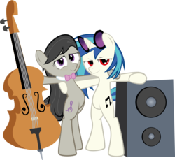 Size: 3200x2935 | Tagged: safe, artist:hoodie-stalker, dj pon-3, octavia melody, vinyl scratch, earth pony, pony, unicorn, g4, bipedal, cello, duo, duo female, female, high res, looking at you, musical instrument, simple background, speaker, stereo, transparent background, vector, wrong eye color