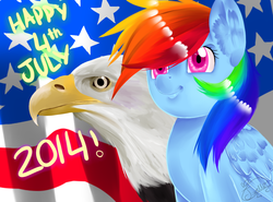 Size: 1091x806 | Tagged: safe, artist:familyof6, rainbow dash, bald eagle, g4, 4th of july, american independence day, flag