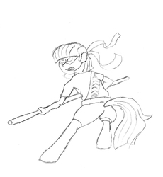 Size: 2064x2248 | Tagged: safe, artist:vinny, oc, oc only, oc:pebble, satyr, ass, bo staff, butt, crossover, high res, monochrome, offspring, parent:maud pie, pencil drawing, solo, staff, teenage mutant ninja turtles, weapon