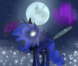 Size: 1280x1088 | Tagged: safe, artist:jankrys00, princess luna, alicorn, pony, lunadoodle, g4, female, glowing eyes, looking at you, mare in the moon, moon, night, solo, space, spread wings