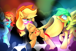 Size: 1280x866 | Tagged: safe, artist:madacon, applejack, rainbow dash, oc, earth pony, pegasus, pony, g4, blushing, butt, glow rings, glowstick, human shoulders, nightclub, plot, scrunchy face, seduction, spread wings, tail seduce, wingboner, wings