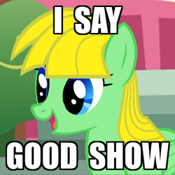 Size: 600x600 | Tagged: safe, artist:viva reverie, oc, oc only, oc:viva reverie, pegasus, pony, g4, good show, i say, image macro, immatoonlink, impact font, juxtaposition bait, meme, ponysona, reaction image, show accurate, solo