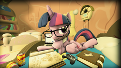 Size: 1920x1080 | Tagged: safe, artist:crax97, twilight sparkle, alicorn, pony, g4, 3d, book, controller, female, glasses, mare, solo, source filmmaker, twilight sparkle (alicorn)