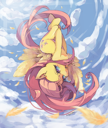 Size: 1100x1300 | Tagged: safe, artist:mandycabral, fluttershy, g4, cloud, cloudy, falling, feather, female, flying, heart eyes, solo, upside down