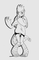 Size: 1033x1580 | Tagged: safe, artist:pencilstroken, fizzle, dragon, g4, :t, clothes, cute, looking at you, male, monochrome, palindrome get, shirt, smiling, socks, solo, striped socks, teenaged dragon, traditional art