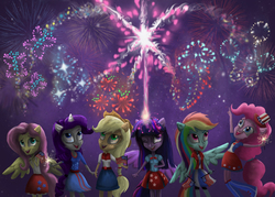 Size: 4200x3000 | Tagged: dead source, safe, artist:dangerblaze, applejack, fluttershy, pinkie pie, rainbow dash, rarity, twilight sparkle, alicorn, equestria girls, g4, 4th of july, american independence day, clothes, dead aource, fireworks, flag, high res, horn, humane five, humane six, independence day, magic, mane six, ponied up, skirt, tank top, twilight sparkle (alicorn), united states