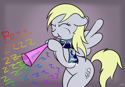 Size: 1135x792 | Tagged: safe, artist:rainbow-dosh, derpy hooves, pegasus, pony, semi-anthro, g4, 4chan cup, 4chan cup scarf, clothes, female, floppy ears, hips, mare, musical instrument, scarf, solo, vuvuzela