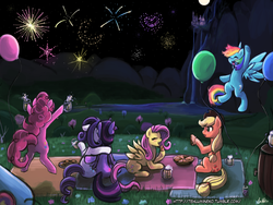 Size: 1920x1440 | Tagged: safe, artist:lumineko, applejack, fluttershy, pinkie pie, rainbow dash, rarity, twilight sparkle, alicorn, pony, g4, apple pie, balloon, canterlot, cider, female, fireworks, happy, hug, lesbian, mane six, mare, night, picnic, picnic blanket, pie, ship:rarilight, shipping, twilight sparkle (alicorn)