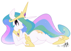 Size: 2395x1710 | Tagged: safe, artist:atryl, artist:kirrol, princess celestia, alicorn, pony, g4, bedroom eyes, belly button, female, looking at you, mare, on side, simple background, smiling, solo, sultry pose, transparent background, vector