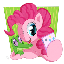 Size: 900x900 | Tagged: safe, artist:swanlullaby, gummy, pinkie pie, earth pony, pony, g4, cellphone, hoof hold, one eye closed, phone, selfie, smartphone, wink